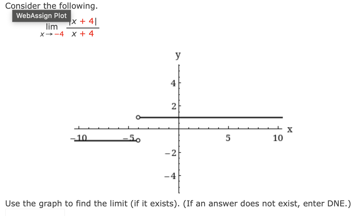 Consider the following.
WebAssign Plot
x + 4|
lim
X→-4
X + 4
y
4
-10
-50
10
-2
-4
Use the graph to find the limit (if it exists). (If an answer does not exist, enter DNE.)
