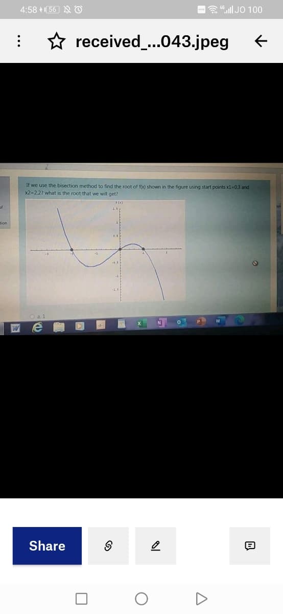 4:58 + I(56] N O
-a 4 ll JO 100
received_...043.jpeg
If we use the bisection method to find the root of f(x) shown in the figure using start points xl=0.3 and
x2-2.2? what is the root that we will get?
of
P
Share
