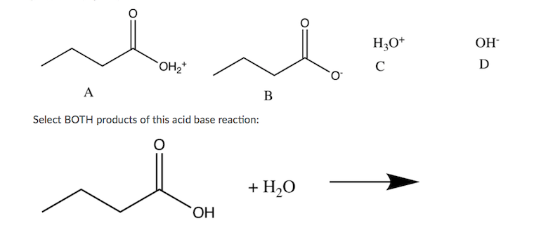 H3O*
OH
OH2*
C
D
A
B
Select BOTH products of this acid base reaction:
+ H,0
HO,
