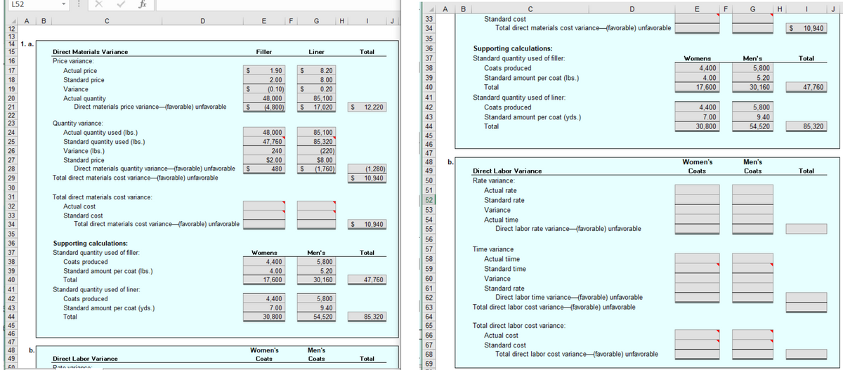 L52
B
E
F
G
H
J
A
B
D
E
F
G
H
J
33
Standard cost
12
34
Total direct materials cost variance (favorable) unfavorable
10,940
13
35
14 1. a.
Supporting calculations:
Standard quantity used of filler:
Coats produced
Standard amount per coat (Ibs.)
15
Direct Materials Variance
Filler
Liner
Total
16
Price variance:
Womens
Men's
Total
38
4,400
5,800
Actual price
Standard price
17
1.90
8.20
18
2.00
8.00
39
4.00
5.20
19
Variance
40
Total
17,600
30,160
47,760
(0.10)
48,000
(4,800)
0.20
Actual quantity
Direct materials price variance (favorable) unfavorable
Standard quantity used of liner:
Coats produced
Standard amount per coat (yds.)
20
85,100
41
21
22
23
17,020
$
12,220
42
4,400
5,800
43
7.00
9.40
Quantity variance:
Actual quantity used (Ibs.)
Standard quantity used (Ibs.)
Variance (Ibs.)
Standard price
Direct materials quantity variance{favorable) unfavorable
Total direct materials cost variance{favorable) unfavorable
44
Total
30,800
54,520
85,320
24
48.000
85,100
45
47,760
85,320
46
26
240
(220)
47
$2.00
$8.00
48
b.
Women's
Men's
28
480
(1,760)
(1,280)
49
Direct Labor Variance
Coats
Coats
Total
$
10,940
50
Rate variance:
30
51
Actual rate
31
Total direct materials cost variance:
Standard rate
32
Actual cost
53
Variance
33
Standard cost
Actual time
34
Total direct materials cost variance (favorable) unfavorable
$
10,940
55
Direct labor rate variance (favorable) unfavorable
35
56
Supporting calculations:
Standard quantity used of filler:
Coats produced
Standard amount per coat (Ibs.)
36
57
Time variance
37
Womens
Men's
Total
58
Actual tiime
38
4,400
5,800
39
4.00
5.20
59
Standard time
40
Total
17.600
30.160
47,760
60
Variance
41
61
Standard rate
Standard quantity used of liner:
Coats produced
Standard amount per coat (yds.)
Direct labor time variance (favorable) unfavorable
Total direct labor cost variance favorable) unfavorable
42
4,400
5,800
62
43
7.00
9.40
63
44
Total
30,800
54,520
85,320
64
45
65
Total direct labor cost variance:
46
66
Actual cost
47
67
Standard cost
48
b.
Women's
Men's
68
Total direct labor cost variance{favorable) unfavorable
49
Direct Labor Variance
Coats
Coats
Total
69
50
Dato uarinnco:
