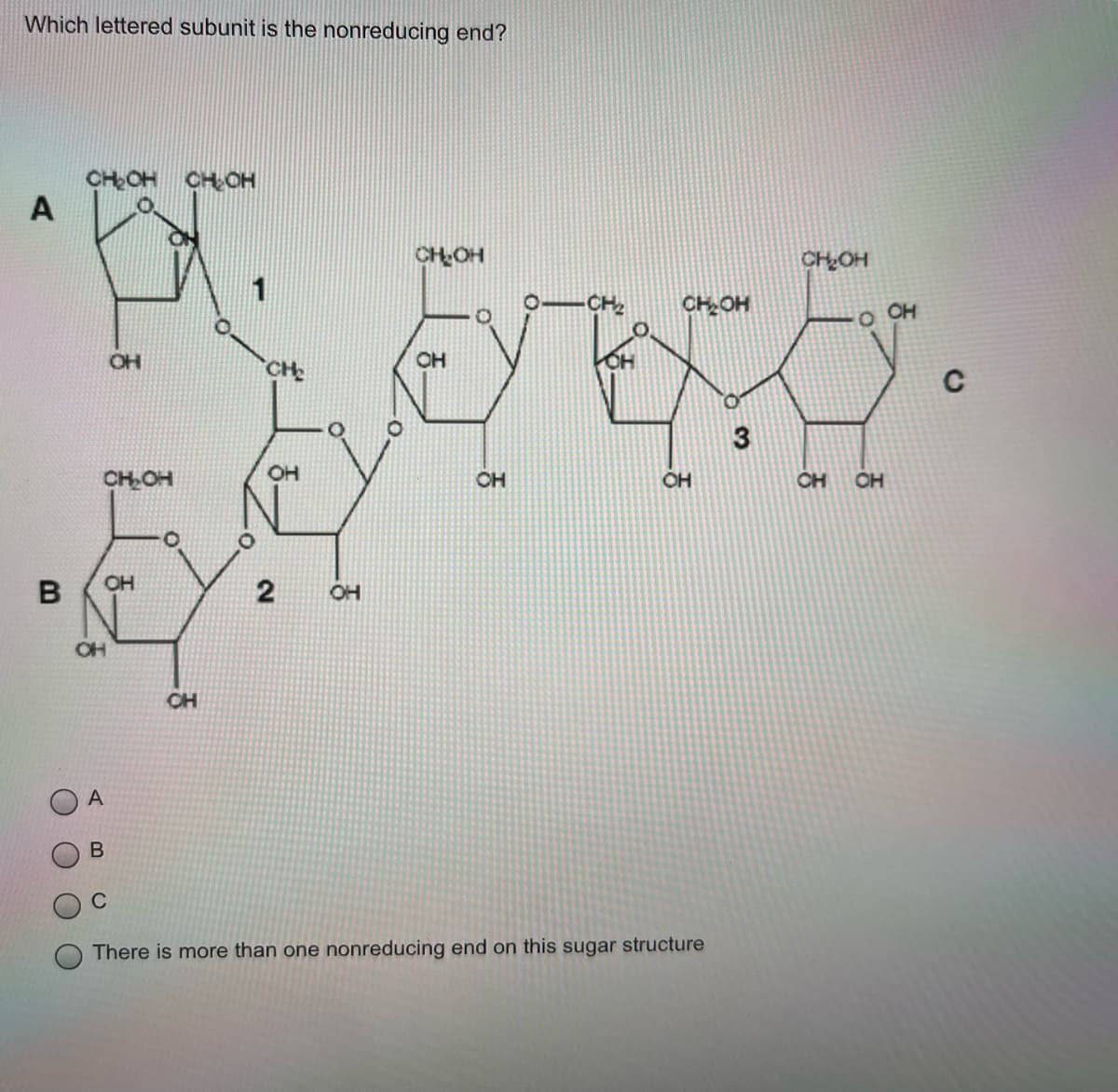Which lettered subunit is the nonreducing end?
CHOH CH OH
A
CHOH
CHOH
1
CH
CHOH
O CH
OH
CH
OH
OH
C
CH OH
OH
CH
OH
CH
OH
OH
2
OH
OH
CH
A
There is more than one nonreducing end on this sugar structure
