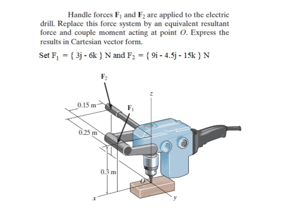 Handle forces F¡ and F2 are applied to the electric
drill. Replace this force system by an equivalent resultant
force and couple moment acting at point 0. Express the
results in Cartesian vector form.
Set F, = { 3j - 6k } N and F2 = { 9i - 4.5j - 15k } N
0.15 m-
0.25 m
0.3 m
