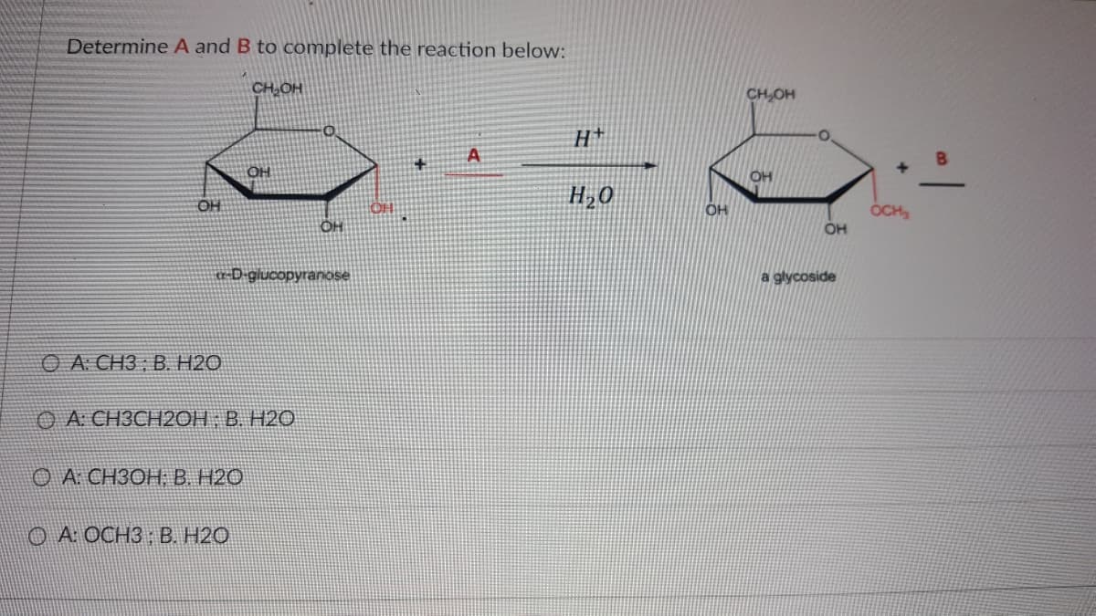 Determine A and B to complete the reaction below:
CH,OH
CH,OH
H+
OH
OH
H,0
OH
OCH
OH
OH
tr-D-glucopyranose
a glycoside
O A: CH3 ; B. H2O
O A CH3CH2OH; B. H2O
O A CH3OH; B. H2O
О А ОСНЗ В. Н20
