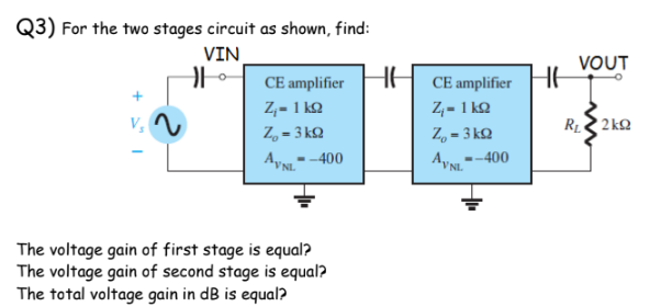 Q3) For the two stages circuit as shown, find:
VIN
VOUT
CE amplifier
CE amplifier
Z,- 1 kQ
Z, = 3 kQ
A--400
Z, = 1 kQ
R 2 kQ
Z, = 3 kQ
%3D
--400
The voltage gain of first stage is equal?
The voltage gain of second stage is equal?
The total voltage gain in dB is equal?
