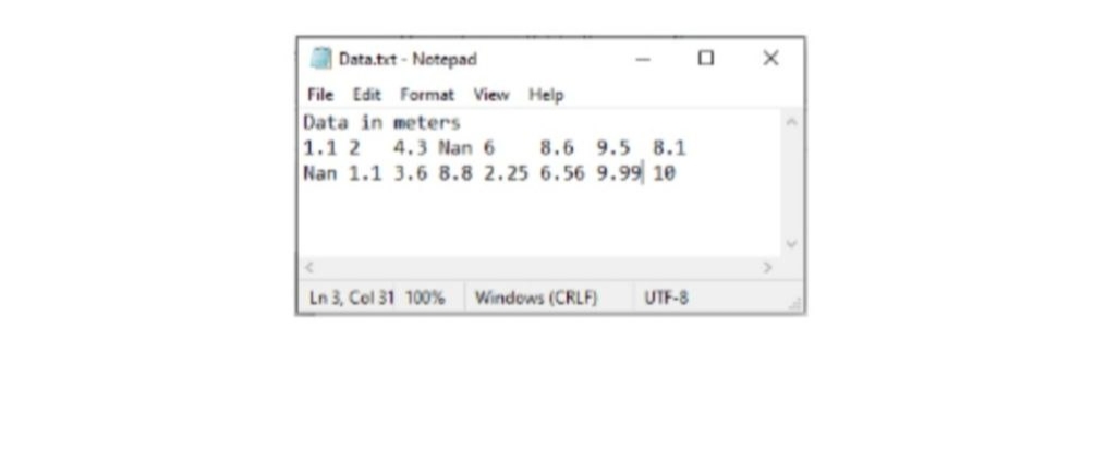 Data.tit - Notepad
File Edit Format View Help
Data in meters
1.1 2
Nan 1.1 3.6 8.8 2.25 6.56 9.99 10
4.3 Nan 6
8.6 9.5 8.1
Ln 3, Col 31 100%
Windows (CRLF)
UTF-8

