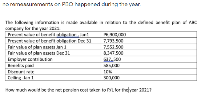 no remeasurements on PBO happened during the year.
The following information is made available in relation to the defined benefit plan of ABC
company for the year 2021:
Present value of benefit obligation , Jan1
Present value of benefit obligation Dec 31
Fair value of plan assets Jan 1
Fair value of plan assets Dec 31
Employer contribution
Benefits paid
P6,900,000
7,793,500
7,552,500
8,347,500
637,500
585,000
Discount rate
10%
Ceiling -Jan 1
300,000
How much would be the net pension cost taken to P/L for the year 2021?
