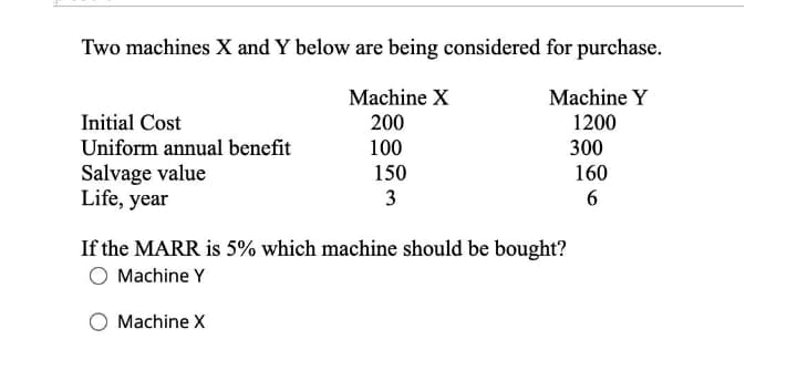 Two machines X and Y below are being considered for purchase.
Machine X
Machine Y
Initial Cost
Uniform annual benefit
200
1200
100
300
Salvage value
Life, year
150
3
160
6
If the MARR is 5% which machine should be bought?
Machine Y
Machine X
