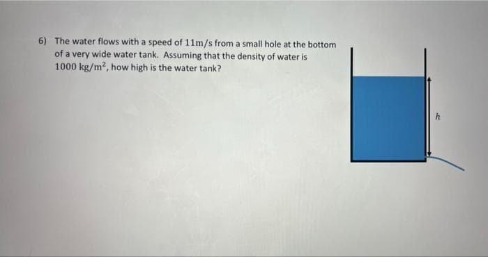 6) The water flows with a speed of 11m/s from a small hole at the bottom
of a very wide water tank. Assuming that the density of water is
1000 kg/m?, how high is the water tank?
h
