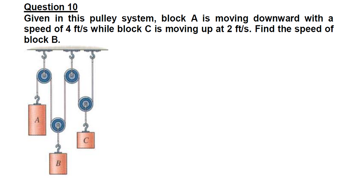 Question 10
Given in this pulley system, block A is moving downward with a
speed of 4 ft/s while block C is moving up at 2 ft/s. Find the speed of
block B.
A
B
