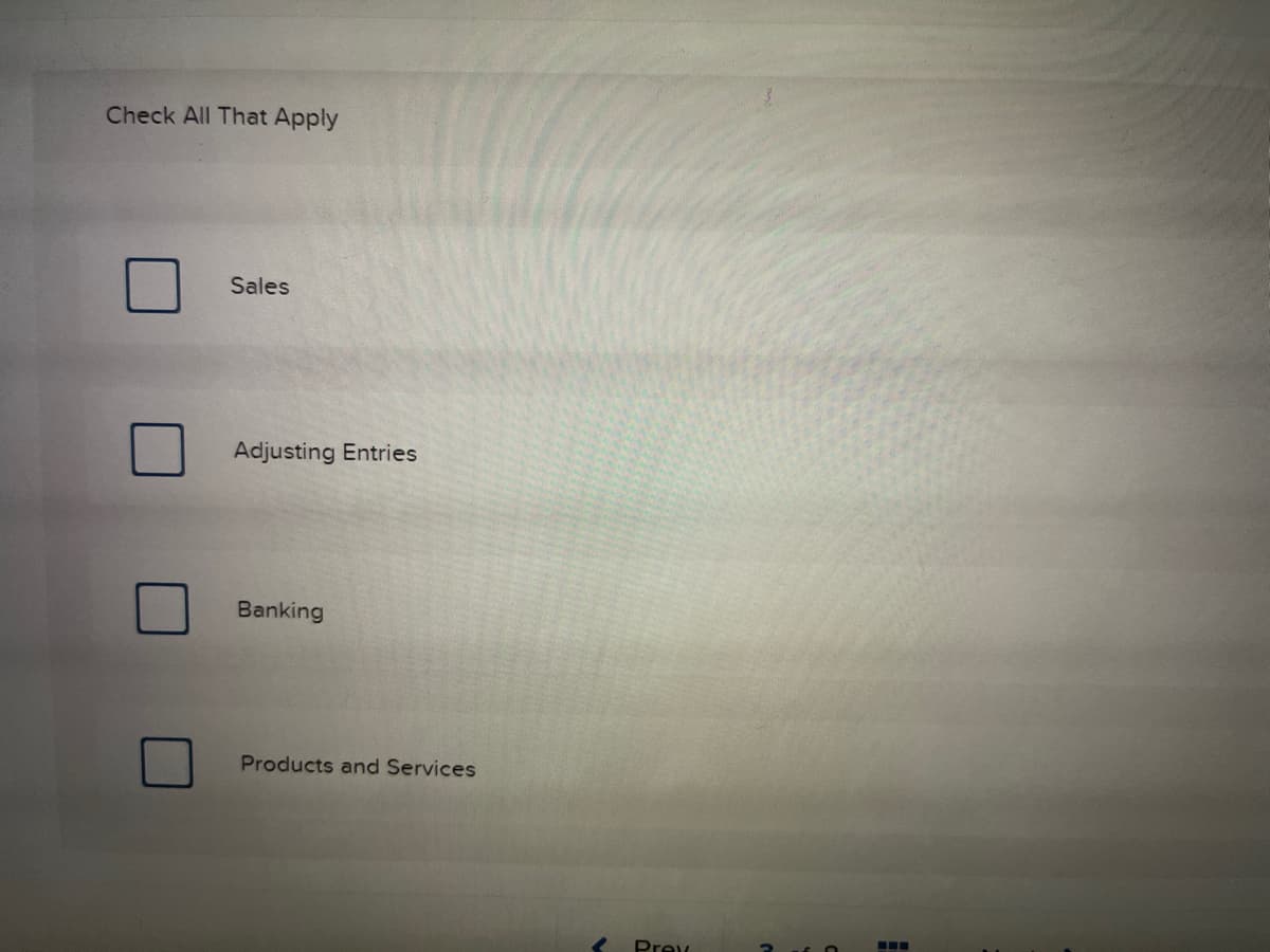 Check All That Apply
Sales
Adjusting Entries
Banking
Products and Services
Prev