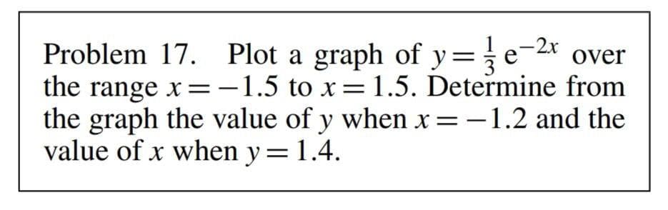 Problem 17. Plot a graph of y=e-2* over
the range x=-1.5 to x= 1.5. Determine from
the graph the value of y when x=-1.2 and the
value of x when y=1.4.
