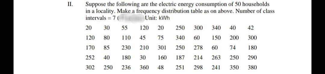 II.
Suppose the following are the electric energy consumption of 50 households
in a locality. Make a frequency distribution table as on above. Number of class
intervals = 7 (
Unit: kWh
20
30
55
120
20
250
300
340
40
42
120
80
110
45
75
340
60
150
200
300
170
85
230
210
301
250
278
60
74
180
252
40
180
30
160
187
214
263
250
290
302
250
236
360
48
251
298
241
350
380
