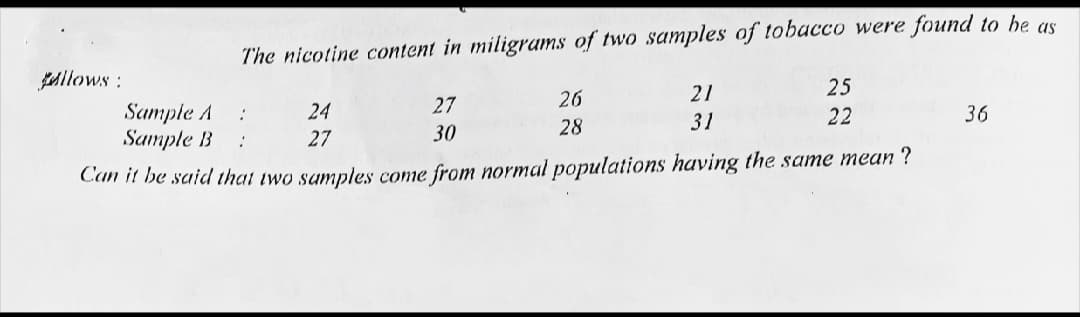 The nicotine content in miligrams of two samples of tobacco were found to be as
JAllows:
25
26
21
27
Sample A
Sample B
24
31
22
36
30
28
27
Can it be said that iwo samples come from normal populations having the same mean ?

