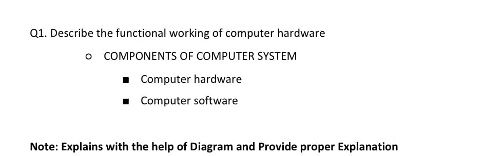 Q1. Describe the functional working of computer hardware
COMPONENTS OF COMPUTER SYSTEM
Computer hardware
Computer software
Note: Explains with the help of Diagram and Provide proper Explanation
