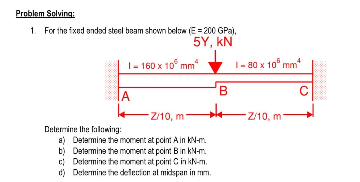 Problem Solving:
1. For the fixed ended steel beam shown below (E = 200 GPa),
5Y, kN
4
4
| = 160 x 10° mm*
| = 80 x 10° mm
Z/10, m
Z/10, m
Determine the following:
a) Determine the moment at point A in kN-m.
b) Determine the moment at point B in kN-m.
c) Determine the moment at point C in kN-m.
d) Determine the deflection at midspan in mm.
