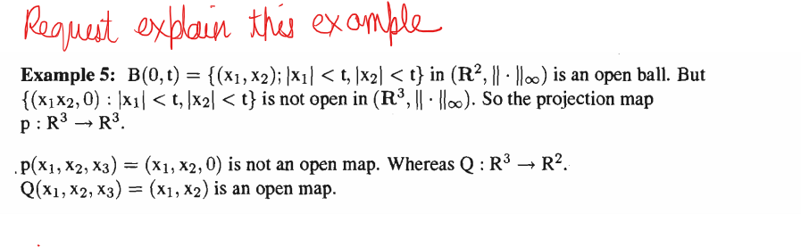 Request explain this example
Example 5: B(0, t) = {(x1, x2); |X1| < t, |x₂| < t} in (R², ||· ||∞) is an open ball. But
{(x1x2,0) |x₁|< t, |x₂| < t} is not open in (R³, ||· ||∞). So the projection map
P: R³ R³.
.P(X1, X2, X3) = (x1, x2, 0) is not an open map. Whereas Q : R³ → R².
Q(X1, X2, X3) = (x1, x2) is an open map.