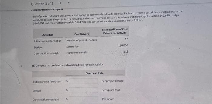 <
Question 3 of 5
Current Attempt in Progress
Spin Cycle Architecture uses three activity pools to apply overhead to its projects. Each activity has a cost driver used to allocate the
overhead costs to the projects. The activities and related overhead costs are as follows: initial concept formation $43,690, design
$640,000, and construction oversight $124,200. The cost drivers and estimated use are as follows.
Activities
Initial concept formation
Design
Construction oversight
>
Design
Cost Drivers
Number of project changes
Square feet
Number of months
(a) Compute the predetermined overhead rate for each activity.
Initial concept formation $
Construction oversight
Estimated Use of Cost
Drivers per Activity
Overhead Rate
160,000
per project change
per square foot
Per month
17
415