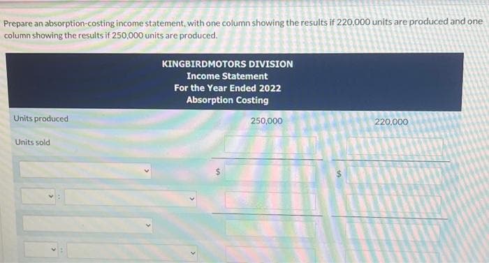 Prepare an absorption-costing income statement, with one column showing the results if 220.000 units are produced and one
column showing the results if 250,000 units are produced.
Units produced
Units sold
KINGBIRDMOTORS DIVISION
Income Statement
For the Year Ended 2022
Absorption Costing
250,000
220,000