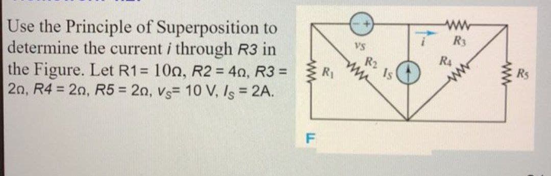 Use the Principle of Superposition to
determine the current i through R3 in
the Figure. Let R1 = 100, R2 = 40, R3 =
20, R4 = 20, R5= 20, Vs 10 V, Is = 2A.
ww
VS
R3
ww
www