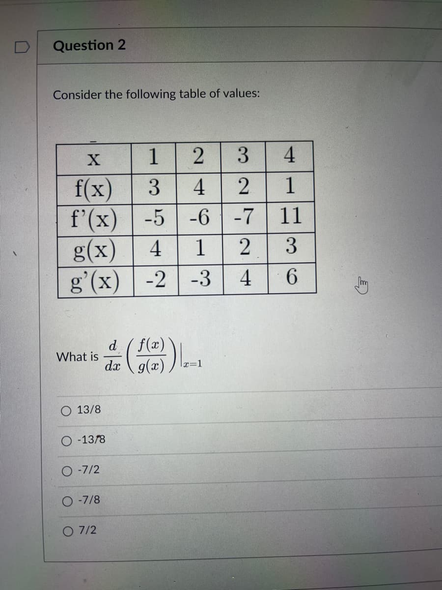 Question 2
Consider the following table of values:
X
1 2 3
f(x)
3
4
2
f'(x) -5
-5 -6 -7
4
1
11
g(x) 4 1 2 3
-3 4
g'(x) -2
6
What is
O 13/8
-13/8
-7/2
-7/8
d
f(x)
dx g(x) x=1
O 7/2
E