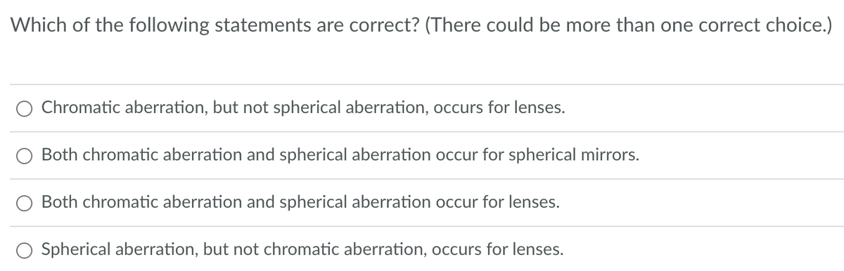 Which of the following statements are correct? (There could be more than one correct choice.)
Chromatic aberration, but not spherical aberration, occurs for lenses.
Both chromatic aberration and spherical aberration occur for spherical mirrors.
Both chromatic aberration and spherical aberration occur for lenses.
Spherical aberration, but not chromatic aberration, occurs for lenses.