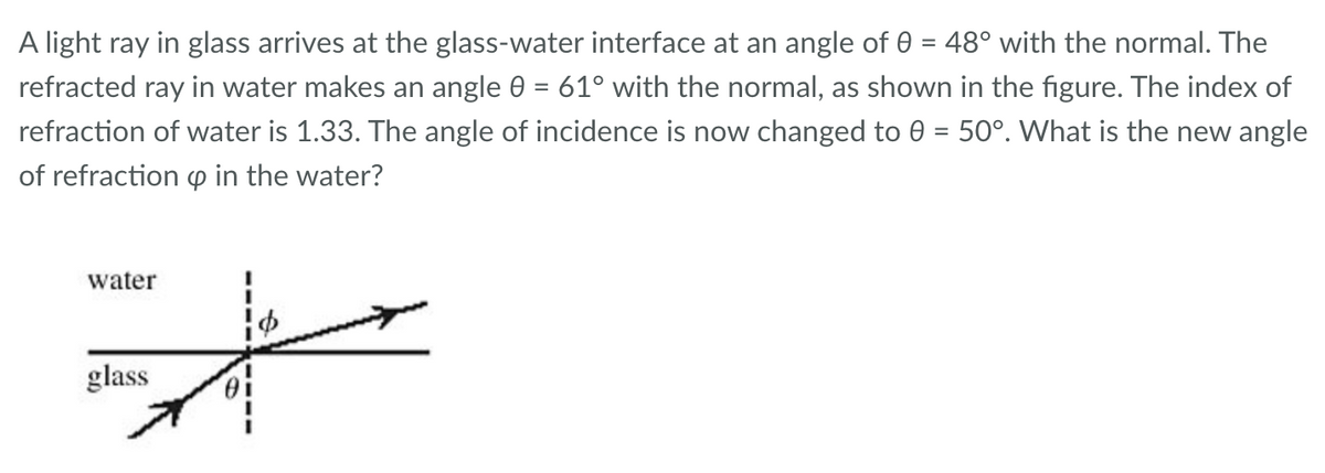 A light ray in glass arrives at the glass-water interface at an angle of 0 = 48° with the normal. The
refracted ray in water makes an angle 0 = 61° with the normal, as shown in the figure. The index of
refraction of water is 1.33. The angle of incidence is now changed to 0 = 50°. What is the new angle
of refraction in the water?
water
glass