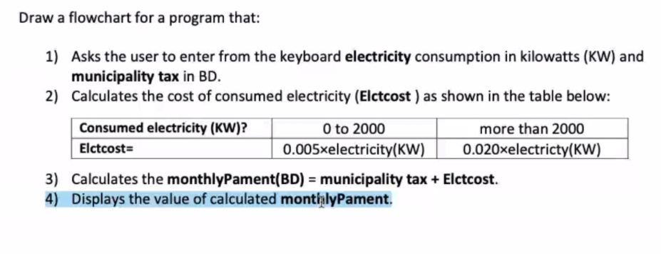 Draw a flowchart for a program that:
1) Asks the user to enter from the keyboard electricity consumption in kilowatts (KW) and
municipality tax in BD.
2) Calculates the cost of consumed electricity (Elctcost ) as shown in the table below:
Consumed electricity (KW)?
O to 2000
more than 2000
Elctcost=
0.005xelectricity(KW)
0.020xelectricty(KW)
3) Calculates the monthlyPament(BD) = municipality tax + Elctcost.
4) Displays the value of calculated monthlyPament.
%3D
