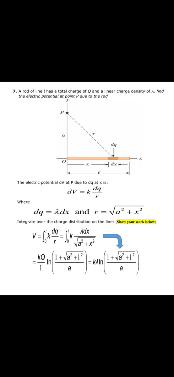 7. A rod of line t has a total charge of Q and a linear charge density of A, find
the electric potential at point P due to the rod
P
a
→| dx|-
The electric potential dV at P due to dq at x is:
dq
dV = k
Where
dq = Adx and r=
Ja? +x²
Integrate over the charge distribution on the line: (Show your work below)
dq
Adx
V=[k
%3D
Va² + x?
kQ 1+ Va² +1²
In
1+ va? +1?
= kAln
a
a
