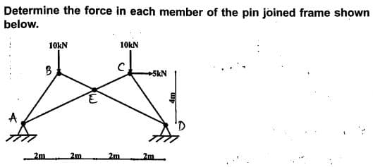 Determine the force in each member of the pin joined frame shown
below.
10KN
10kN
B
5kN
2m
2m
2m
2m
