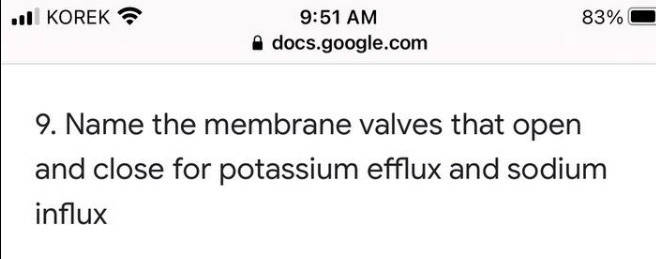 ll KOREK
9:51 AM
83%
A docs.google.com
9. Name the membrane valves that open
and close for potassium efflux and sodium
influx
