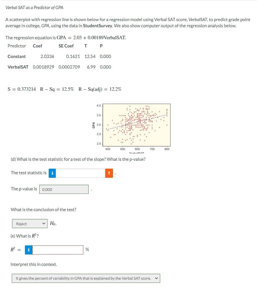 Verbal SAT as a Predictor of GPA
A scatterplot with regression line is shown below for a regression model using Verbal SAT score, VerbalSAT, to predict grade point
average in college, GPA, using the data in StudentSurvey. We also show computer output of the regression analysis below.
The regression equation is GPA = 2.03 +0.00189 VerbalSAT.
Predictor Coef
SE Coef T
Constant
VerbalSAT 0.0018929 0.0002709 6.99 0.000
2.0336
S = 0.373214 R-Sq = 12.5% R - Sq(adj) = 12.2%
The test statistic is i
The p-value is 0.000
Reject
What is the conclusion of the test?
(e) What is R²?
R² =
i
0.1621 12.54 0.000
P
V Ho.
Interpret this in context.
(d) What is the test statistic for a test of the slope? What is the p-value?
%
4.0
3.5.
3.0
2.5
2.0
400
500
!
600
Varhale AT
700
It gives the percent of variability in GPA that is explained by the Verbal SAT score.
800