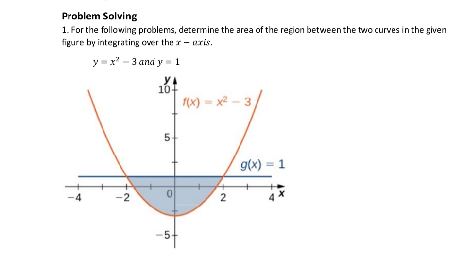 Problem Solving
1. For the following problems, determine the area of the region between the two curves in the given
figure by integrating over the x-axis.
y = x² - 3 and y = 1
YA
f(x)=x²-3
-4
2
10
5-
0
-5-
+
2
g(x) = 1
4X
