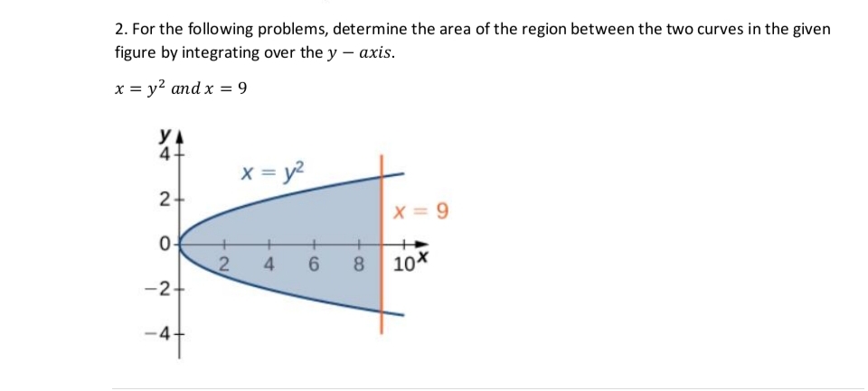 2. For the following problems, determine the area of the region between the two curves in the given
figure by integrating over the y -axis.
x = y² and x = 9
YA
4+
x = y²
2
X=9
0
4
-2+
-4-
2
6
+
8 10X