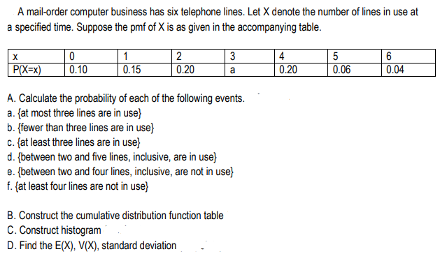 A mail-order computer business has six telephone lines. Let X denote the number of lines in use at
a specified time. Suppose the pmf of X is as given in the accompanying table.
2
3
4
P(X=x)
0.10
0.15
0.20
0.20
0.06
0.04
a
A. Calculate the probability of each of the following events.
a. {at most three lines are in use}
b. {fewer than three lines are in use}
c. {at least three lines are in use}
d. (between two and five lines, inclusive, are in use}
e. {between two and four lines, inclusive, are not in use}
f. {at least four lines are not in use}
B. Construct the cumulative distribution function table
C. Construct histogram
D. Find the E(X), V(X), standard deviation
