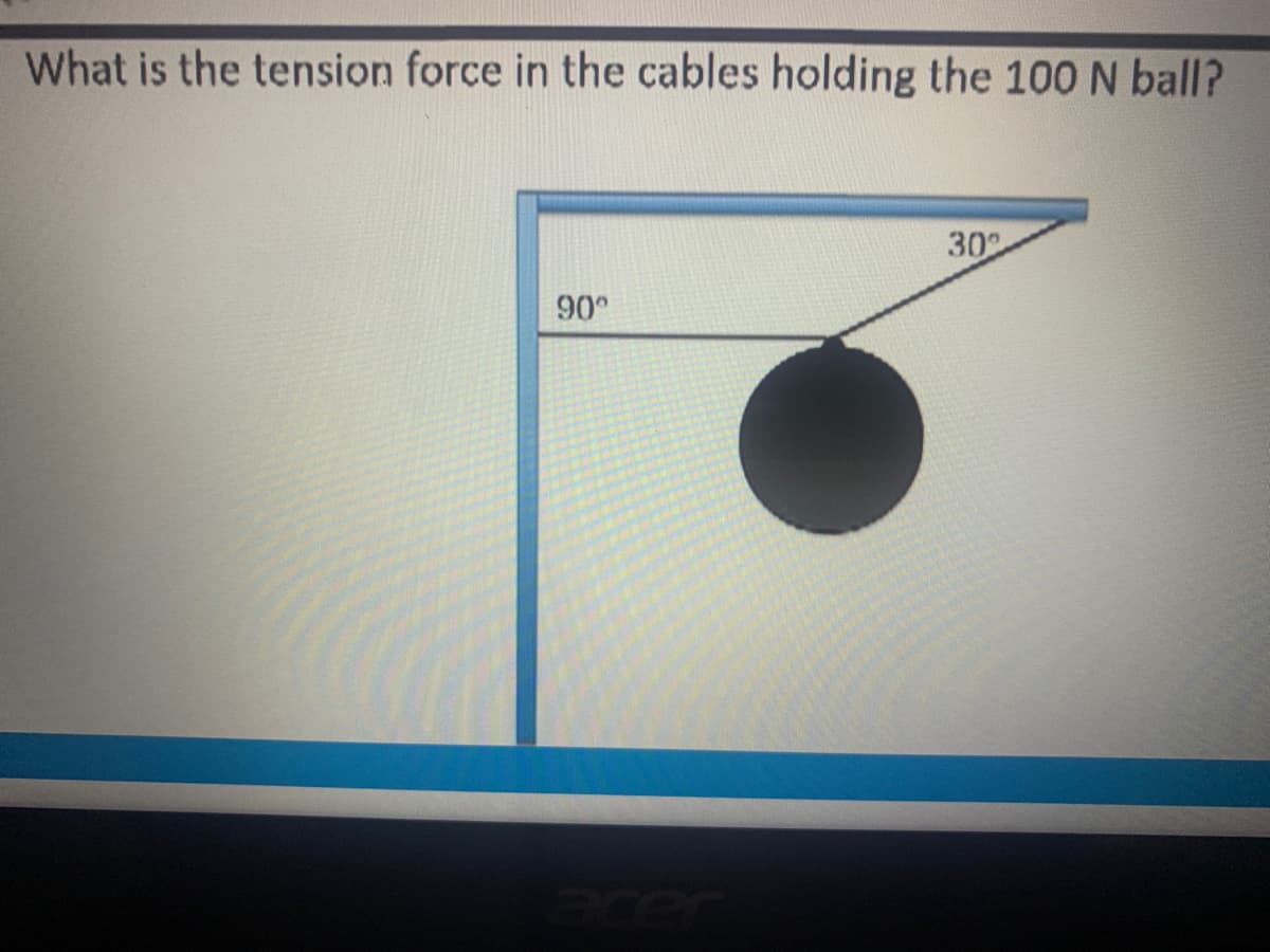 What is the tension force in the cables holding the 100 N ball?
30
0
