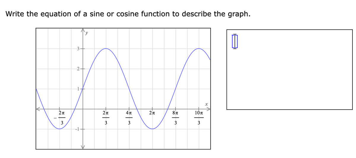 Write the equation of a sine or cosine function to describe the graph.
`y
O
3-
2-
10n
3
3
3
-1

