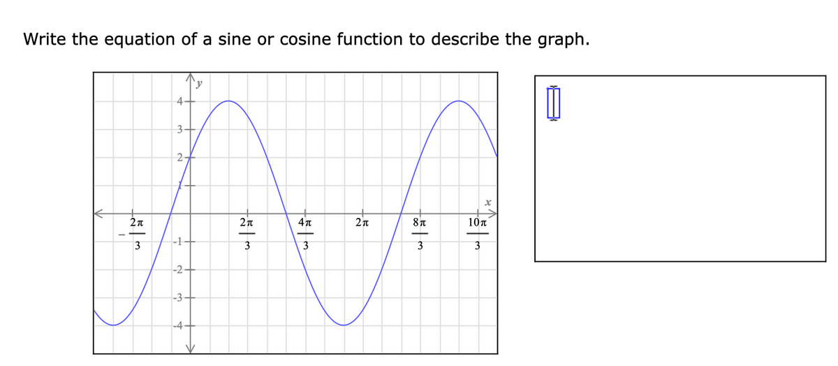 Write the equation of a sine or cosine function to describe the graph.
4-
3-
2-
8 T
10n
3
3
3
-2+
-3+
