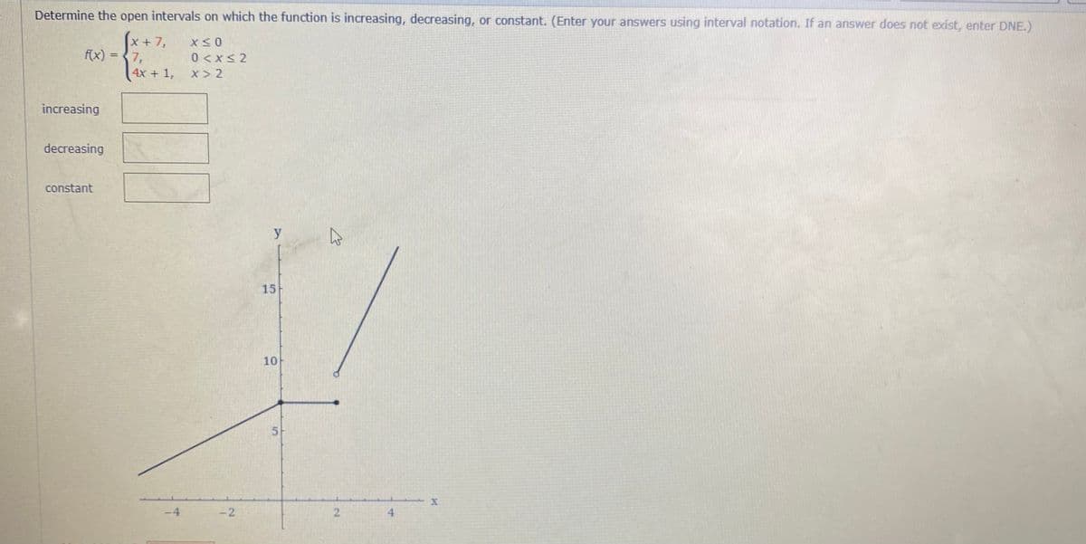 Determine the open intervals on which the function is increasing, decreasing, or constant. (Enter your answers using interval notation. If an answer does not exist, enter DNE.)
Sx+7,
f(x) =
0 <xS 2
X> 2
7,
4x + 1,
increasing
decreasing
constant
15
10
-4
-2
4
2.
