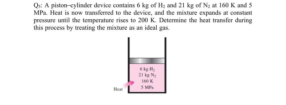 Qs: A piston-cylinder device contains 6 kg of H2 and 21 kg of N2 at 160 K and 5
MPa. Heat is now transferred to the device, and the mixture expands at constant
pressure until the temperature rises to 200 K. Determine the heat transfer during
this process by treating the mixture as an ideal gas.
6 kg H2
21 kg N2
160 K
5 MPa
Heat
