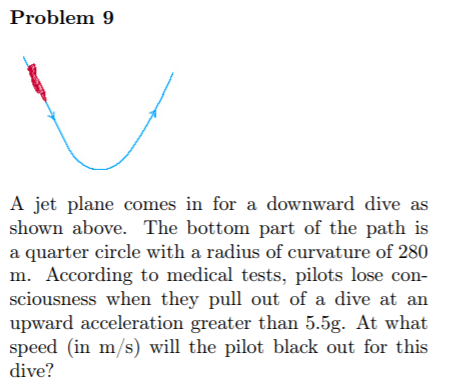 Problem 9
A jet plane comes in for a downward dive as
shown above. The bottom part of the path is
a quarter circle with a radius of curvature of 280
m. According to medical tests, pilots lose con-
sciousness when they pull out of a dive at an
upward acceleration greater than 5.5g. At what
speed (in m/s) will the pilot black out for this
dive?
