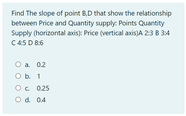 Find The slope of point B,D that show the relationship
between Price and Quantity supply: Points Quantity
Supply (horizontal axis): Price (vertical axis)A 2:3 B 3:4
C 4:5 D 8:6
O a.
0.2
O b. 1
0.25
O d. 0.4
