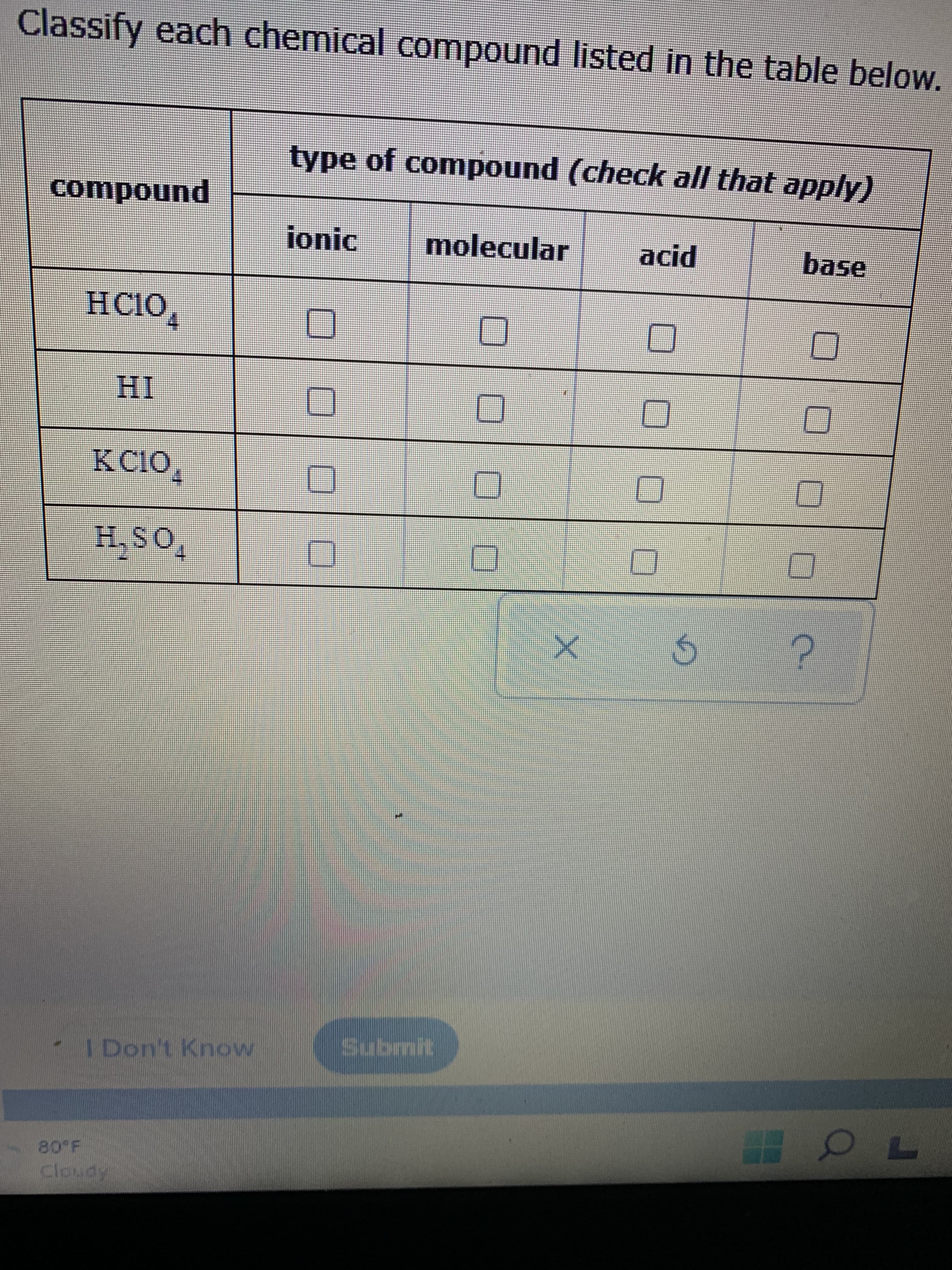 Classify each chemical compound listed in the table below.
type of compound (check all that apply)
punoduwoɔ
ionic
molecular
base
HCIO,
IH
KC10,
H.
Submit
I Don't Know
Cloudy
