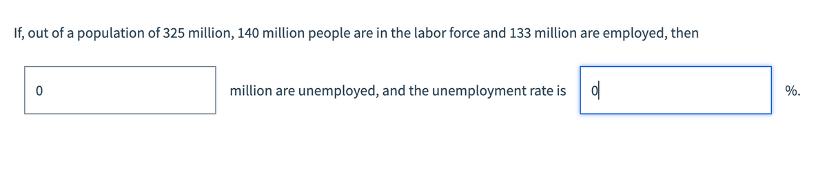 If, out of a population of 325 million, 140 million people are in the labor force and 133 million are employed, then
0
million are unemployed, and the unemployment rate is
0
%.