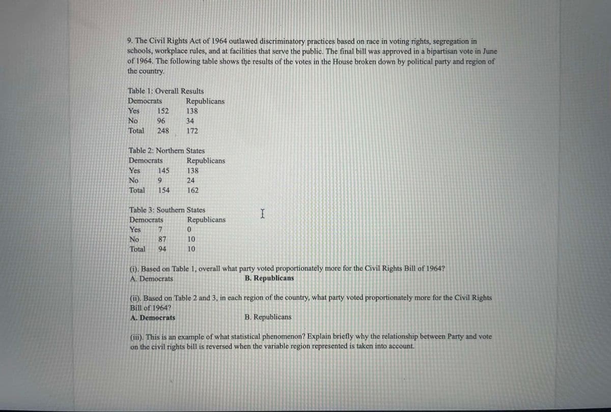 9. The Civil Rights Act of 1964 outlawed discriminatory practices based on race in voting rights, segregation in
schools, workplace rules, and at facilities that serve the public. The final bill was approved in a bipartisan vote in June
of 1964. The following table shows the results of the votes in the House broken down by political party and region of
the country.
Table 1: Overall Results
Democrats
Republicans
Yes
152
138
No
96
34
Total
248
172
Table 2: Northern States
Democrats
Republicans
Yes
145
138
No
9.
24
Total
154
162
Table 3: Southern States
Democrats
Republicans
Yes
7
No
87
10
Total
94
10
(1). Based on Table 1, overall what party voted proportionately more for the Civil Rights Bill of 1964?
A. Democrats
B. Republicans
(ii). Based on Table 2 and 3, in each region of the country, what party voted proportionately more for the Civil Rights
Bill of 1964?
A. Democrats
B. Republicans
(iii). This is an example of what statistical phenomenon? Explain briefly why the relationship between Party and vote
on the civil rights bill is reversed when the variable region represented is taken into account.
