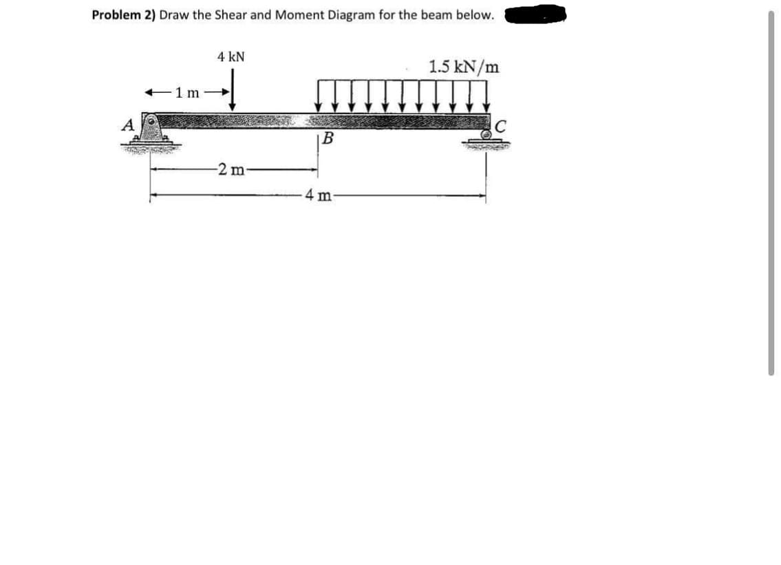 Problem 2) Draw the Shear and Moment Diagram for the beam below.
4 kN
1.5 kN/m
1 m
A
B
2m
4 m
