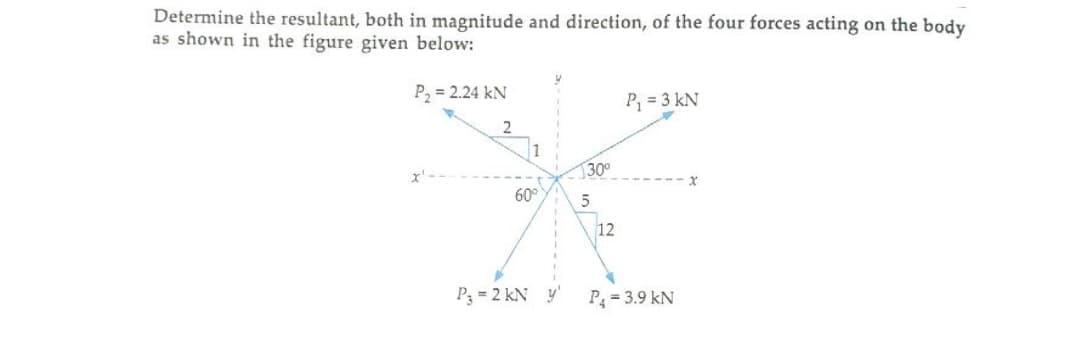 Determine the resultant, both in magnitude and direction, of the four forces acting on the body
as shown in the figure given below:
P, = 2.24 kN
P, = 3 kN
1
30°
60°
12
P3 = 2 kN y'
P = 3.9 kN
