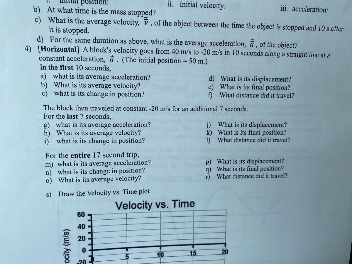 position:
ii. initial velocity:
iii. acceleration:
b) At what time is the mass stopped?
c) What is the average velocity, v, of the object between the time the object is stopped and 10 s after
it is stopped.
d) For the same duration as above, what is the average acceleration, å , of the object?
4) [Horizontal] A block's velocity goes from 40 m/s to -20 m/s in 10 seconds along a straight line at a
constant acceleration, à . (The initial position = 50 m.)
In the first 10 seconds,
a) what is its average acceleration?
b) What is its average velocity?
c) what is its change in position?
%3D
d) What is its displacement?
e) What is its final position?
f) What distance did it travel?
The block then traveled at constant -20 m/s for an additional 7 seconds.
For the last 7 seconds,
g) what is its average acceleration?
h) What is its average velocity?
i) what is its change in position?
j) What is its displacement?
k) What is its final position?
1) What distance did it travel?
For the entire 17 second trip,
m) what is its average acceleration?
n) what is its change in position?
o) What is its average velocity?
p) What is its displacement?
q) What is its final position?
r) What distance did it travel?
s) Draw the Velocity vs. Time plot
Velocity vs. Time
60
40
20
10
15
20
-20
