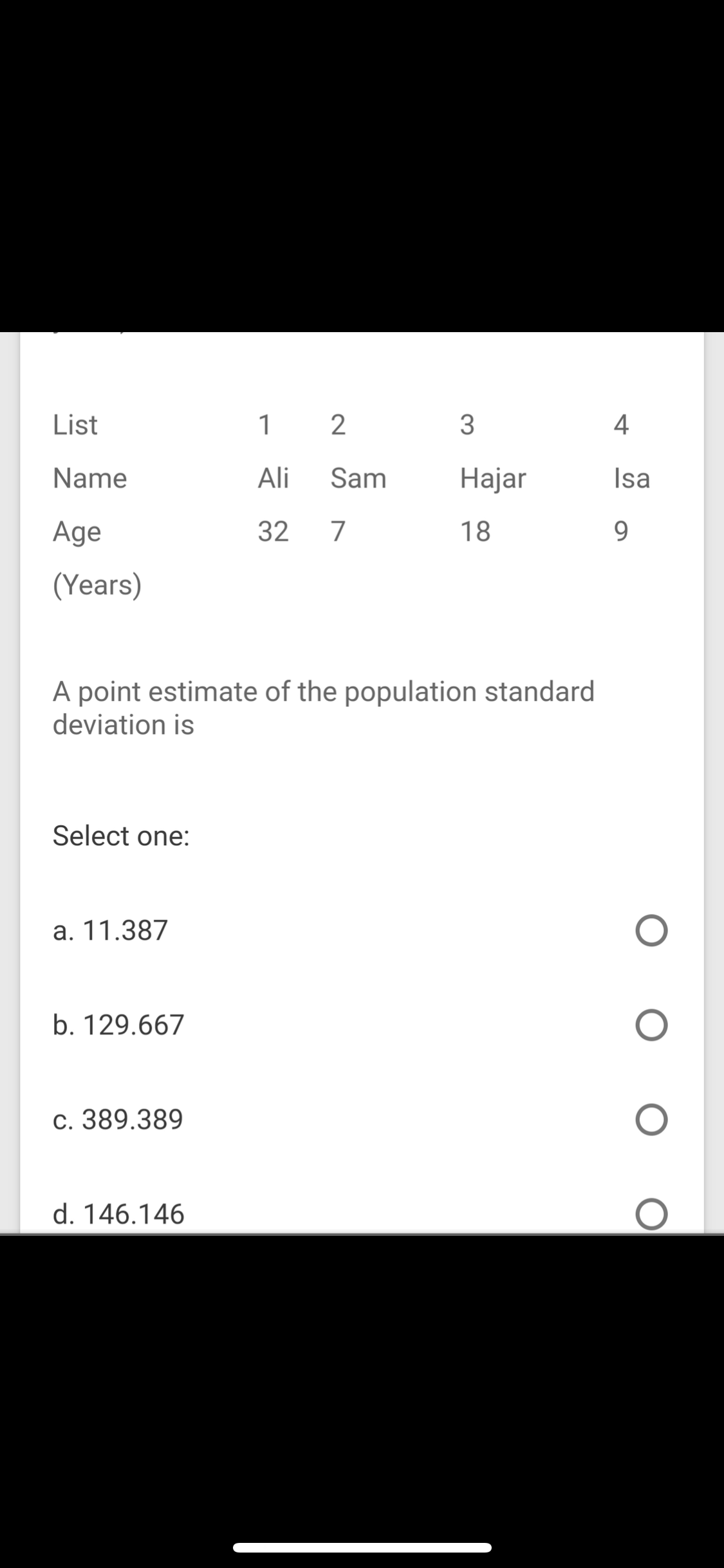 List
1
2
4
Name
Ali
Sam
Hаjar
Isa
Age
32
7
18
9.
(Years)
A point estimate of the population standard
deviation is

