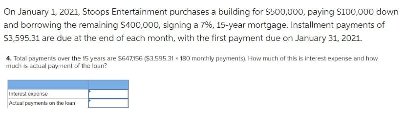 On January 1, 2021, Stoops Entertainment purchases a building for $500,000, paying $100,000 down
and borrowing the remaining $400,000, signing a 7%, 15-year mortgage. Installment payments of
$3,595.31 are due at the end of each month, with the first payment due on January 31, 2021.
4. Total payments over the 15 years are $647,156 ($3,595.31 x 180 monthly payments). How much of this is interest expense and how
much is actual payment of the loan?
Interest expense
Actual payments on the loan