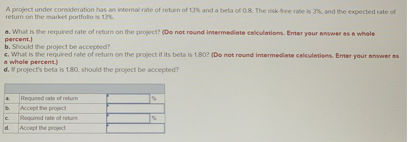 A project under consideration has an internal rate of return of 13% and a beta of 0.8. The risk-free rate is 3%, and the expected rate of
return on the market portfolio is 13%.
a. What is the required rate of return on the project? (Do not round intermediate calculations. Enter your answer as a whole
percent.)
b. Should the project be accepted?
c. What is the required rate of return on the project if its beta is 1.80? (Do not round intermediate calculations. Enter your answer as
a whole percent.)
d. If project's beta is 1.80, should the project be accepted?
Required rate of return
Accept the project
a.
b.
C.
Required rate of return
d.
Accept the project
